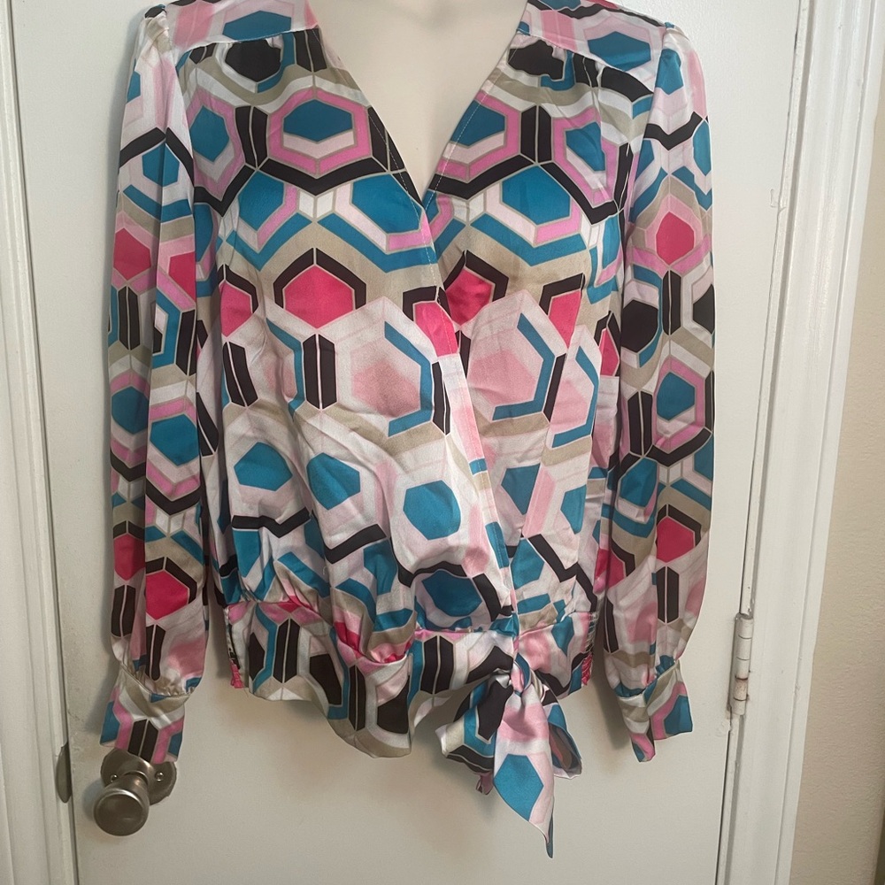 INC International Concepts Geometric Tie-Front Blouse in Pink, Blue & Cream